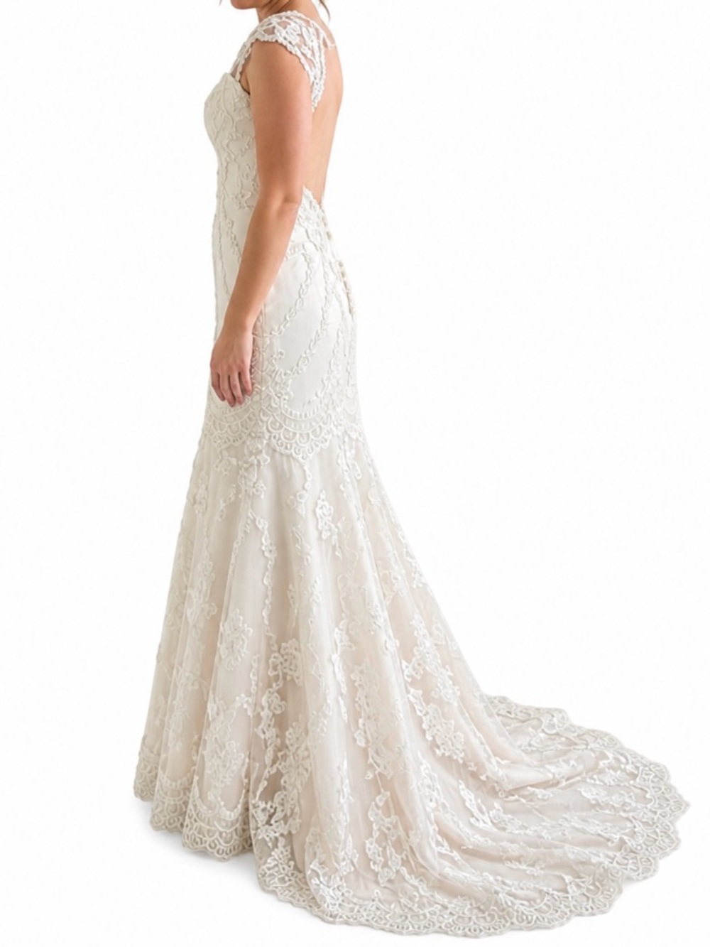 Lace Cap-Sleeve Mermaid Wedding Dress in Ivory with Keyhole Back Boutique